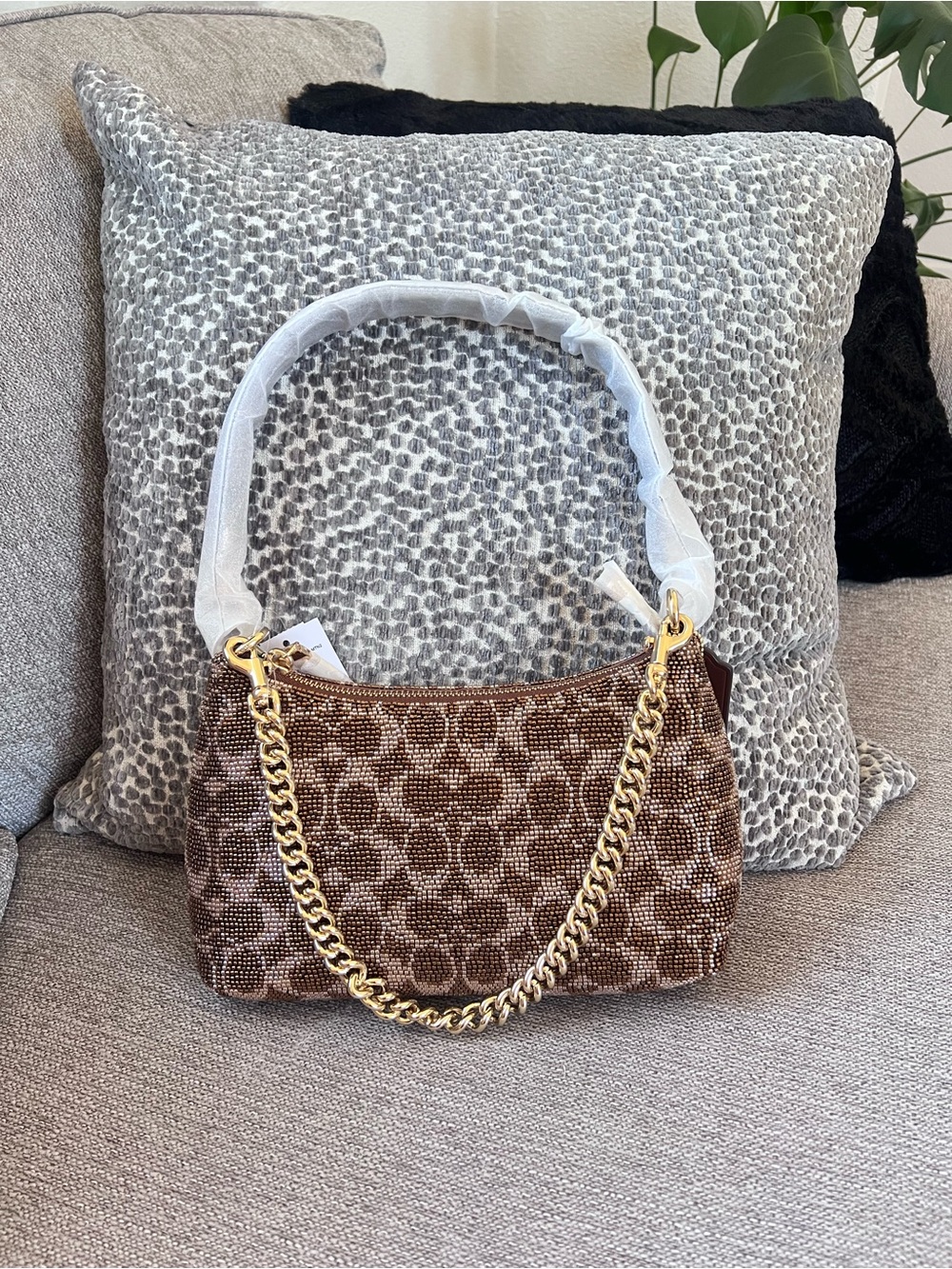 Coach Beaded Teri in Tan Brown Signature Satin Shoulder Bag